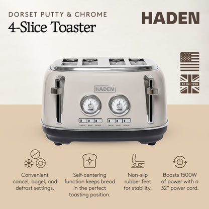 Haden Dorset 4 Slice Wide Slot Stainless Steel Toaster, Putty & Chrome