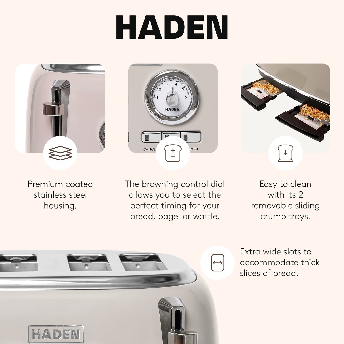 Haden Dorset 4 Slice Wide Slot Stainless Steel Toaster, Putty & Chrome