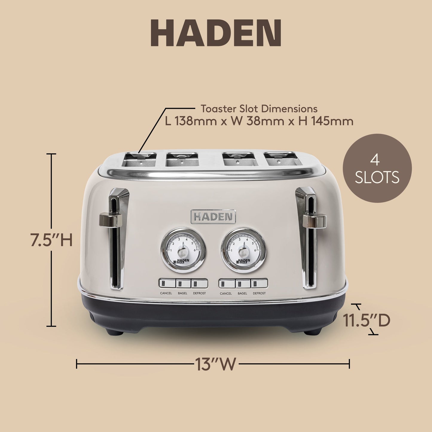 Haden Dorset 4 Slice Wide Slot Stainless Steel Toaster, Putty & Chrome