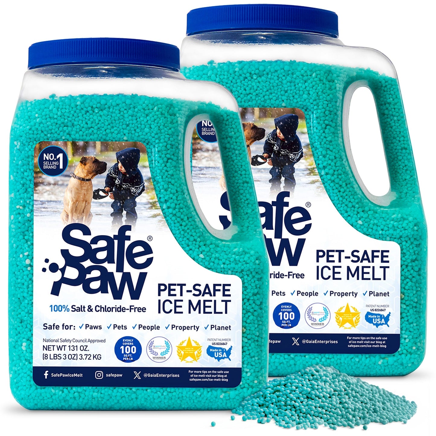 Safe Paw Pet Safe Ice Melt, 100% Salt and Chloride free with Traction Agent, Non-Toxic, Fast Acting, Lasts 3X Longer – 8 Lbs, 2 Pack