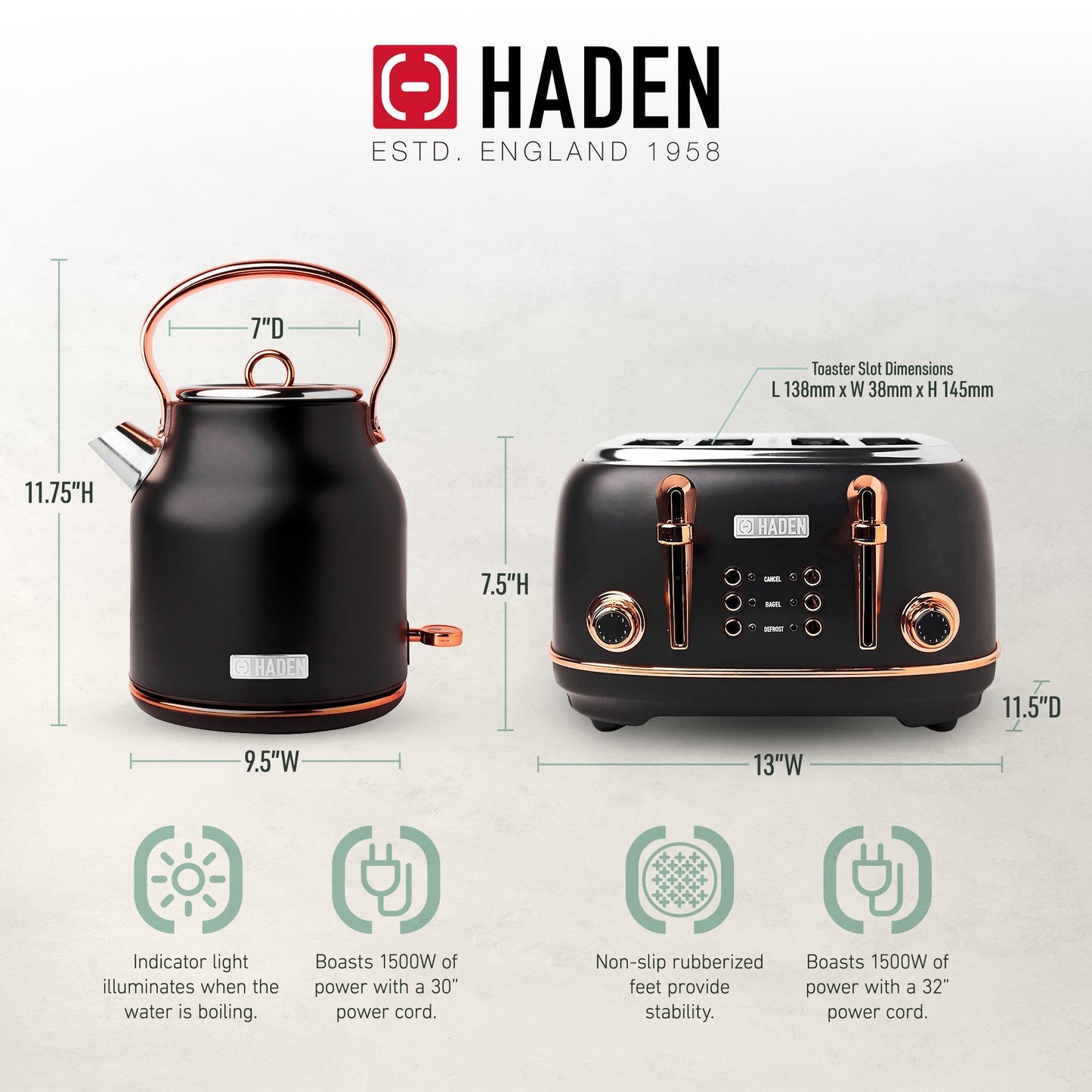 Haden Heritage 4 Slice Wide Slot Toaster & Electric Kettle, Black & Copper