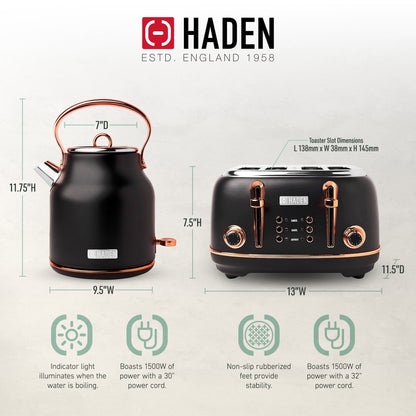 Haden Heritage 4 Slice Wide Slot Toaster & Electric Kettle, Black & Copper