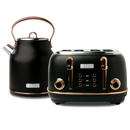 Haden Heritage 4 Slice Wide Slot Toaster & Electric Kettle, Black & Copper