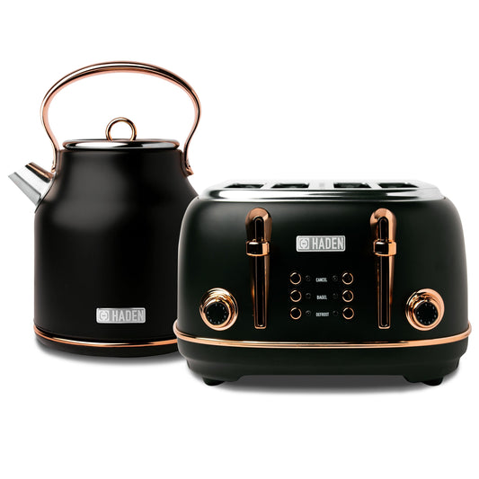 Haden Heritage 4 Slice Wide Slot Toaster & Electric Kettle, Black & Copper