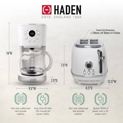Haden 12 Cup Coffee Maker with 2 Slice Wide Stainless Steel Bread Toaster, White