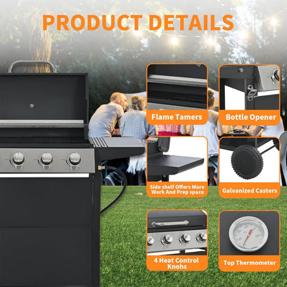 Furnibear 4 Burner BBQ Propane Gas Grill, Stainless Steel 34,000 BTU Patio Garden Barbecue Grill with Two Foldable Shelves