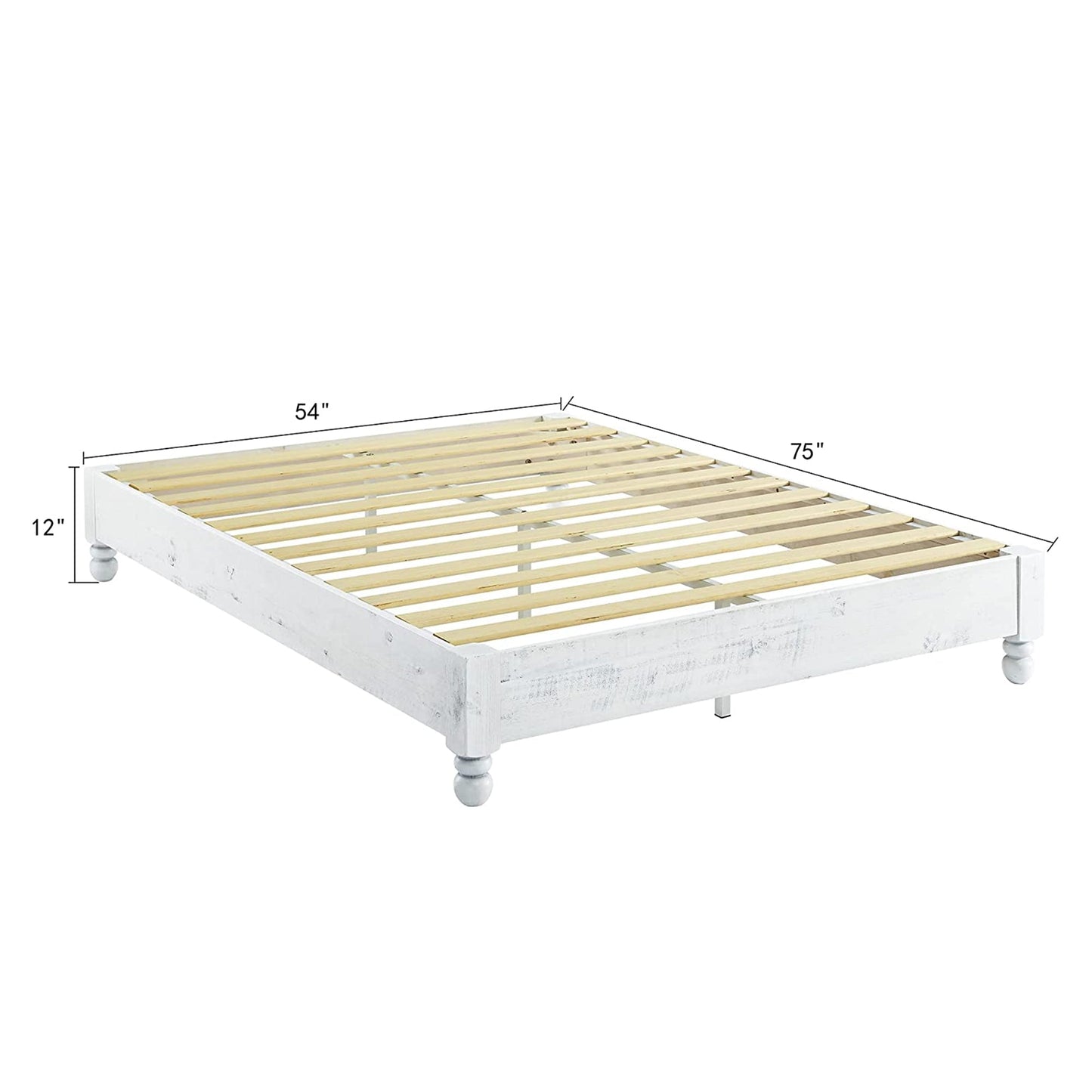 MUSEHOMEINC Solid Pine Wood 12 Slat Platform Rustic Bed Frame, Whitewashed, Full