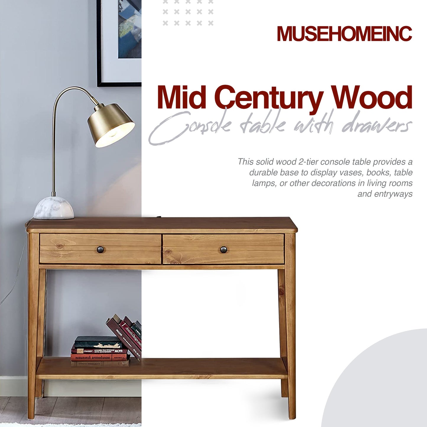 MUSEHOMEINC California Mid Century Wood Console Table with Drawers, Honey Brown