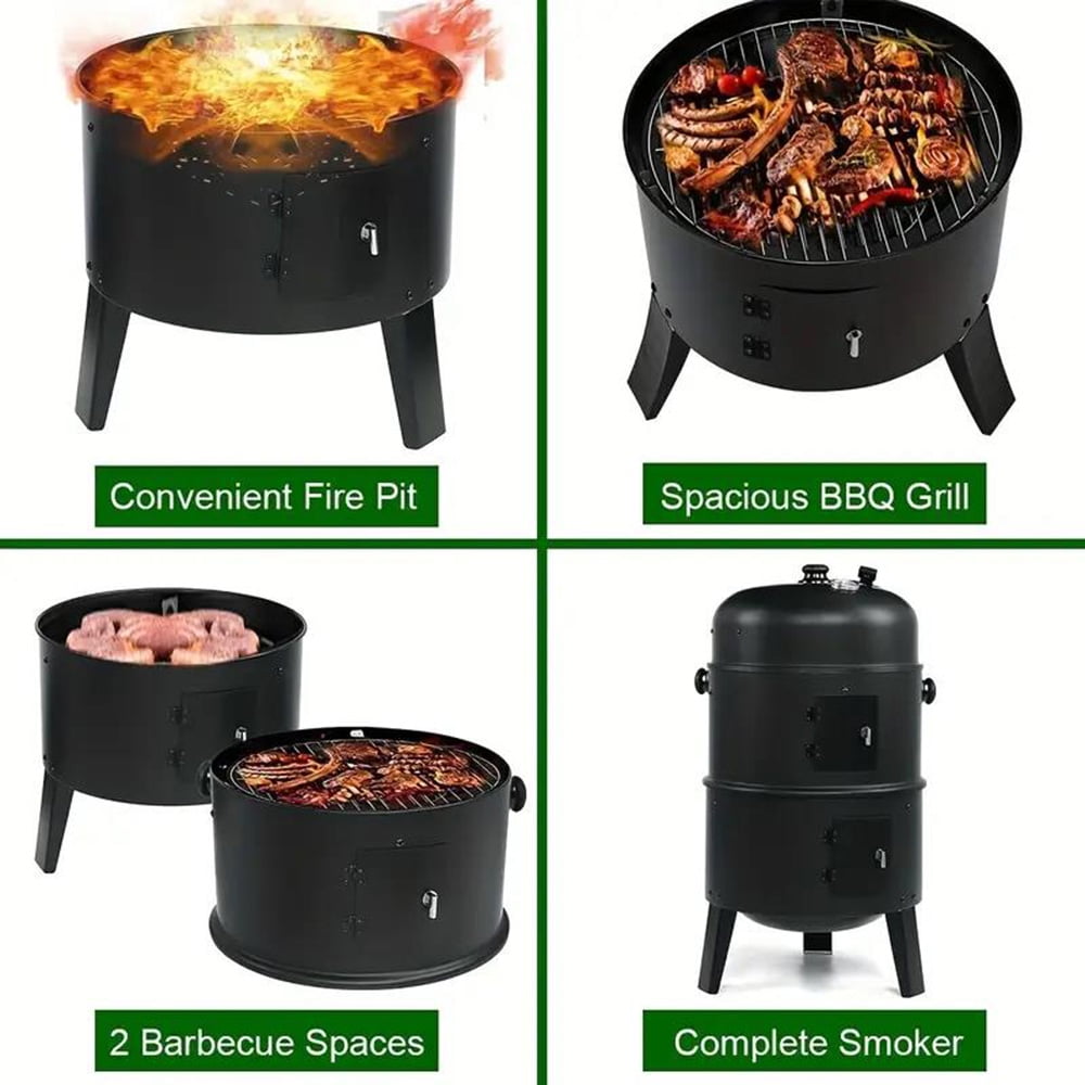 TOPTENG Vertical Charcoal BBQ Smoker, 3-in-1 16" Round Charcoal Barbecue Grill with 2 Cooking Area, and Thermometer for Outdoor Camping Picnic Backyard Cooking, Black