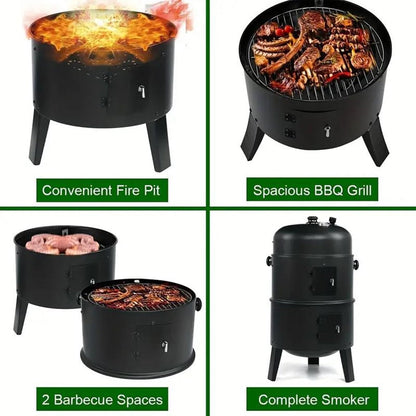 TOPTENG Vertical Charcoal BBQ Smoker, 3-in-1 16" Round Charcoal Barbecue Grill with 2 Cooking Area, and Thermometer for Outdoor Camping Picnic Backyard Cooking, Black