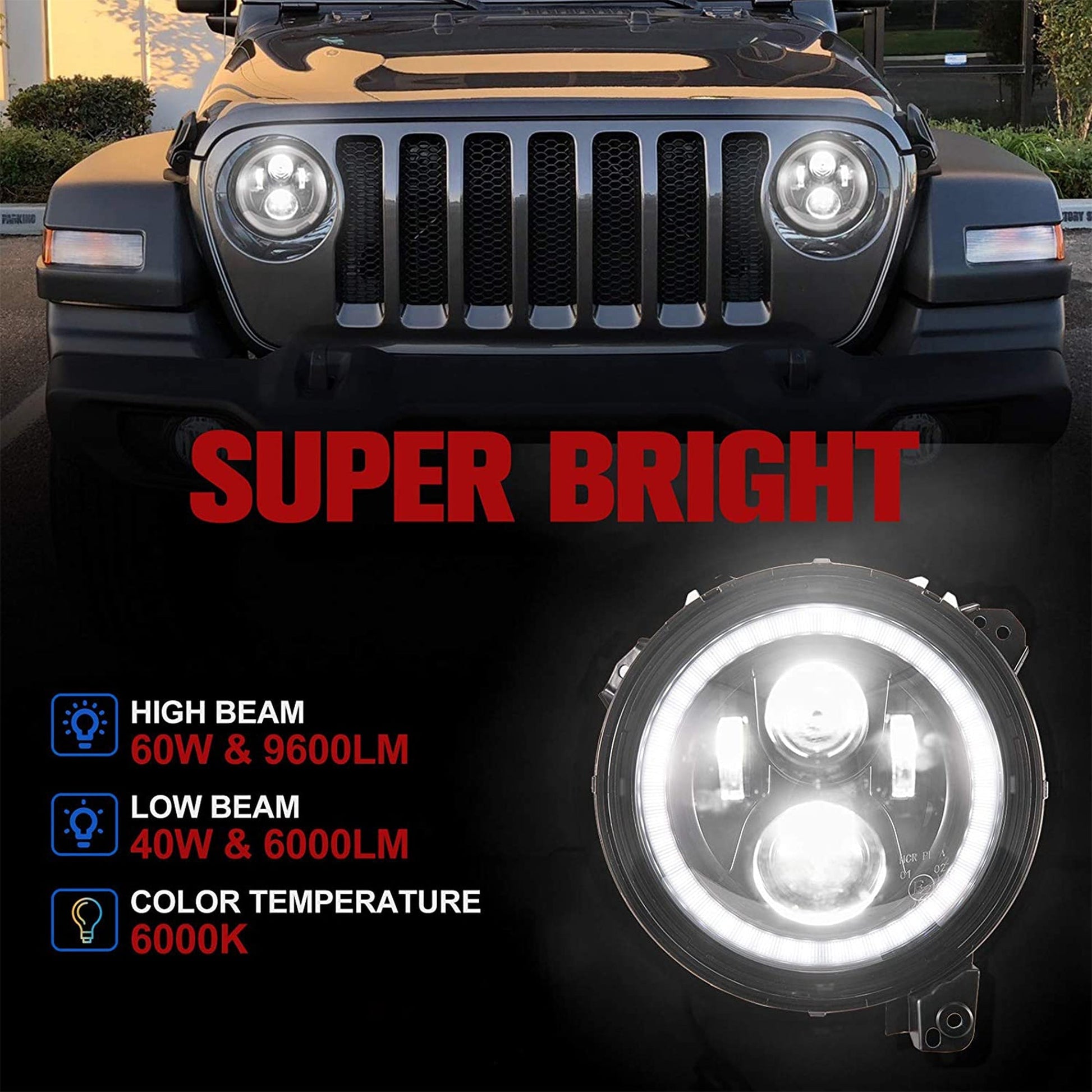 Fieryred 9" LED Halo Angel Eyes Headlights, Compatible w/ Wrangler JL 2018-2021 - Find Fresh Goods