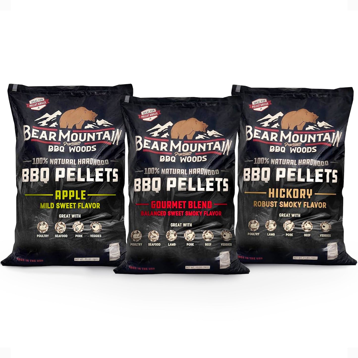 Bear Mountain BBQ Hardwood Gourmet Blend, Hickory, & Apple Pellets, 20 Lb Bags