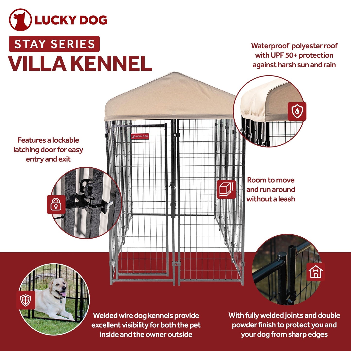 Lucky Dog STAY Series 4 x 8 x 6 Foot Roofed Steel Frame Villa Dog Kennel, Khaki