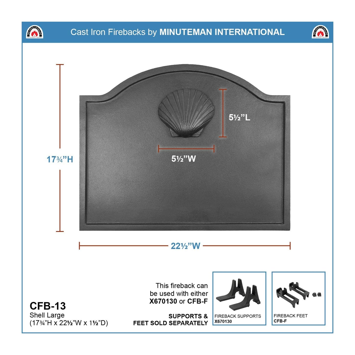 Minuteman International CFB-13 Cast Iron Shell Fireplace Fireback, Large, Black