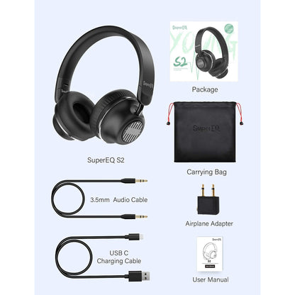 SuperEQ S2 Bluetooth Wired or Wireless Active Noise Canceling Headphones, Black