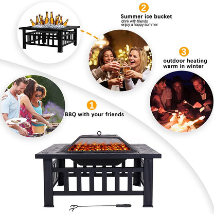 32'' Multipurpose Fire Pit, Outdoor Fire Pit Table for Net Lid/Poker, Square Bronze Firepit Stove for Outside Camping Backyard Bonfire