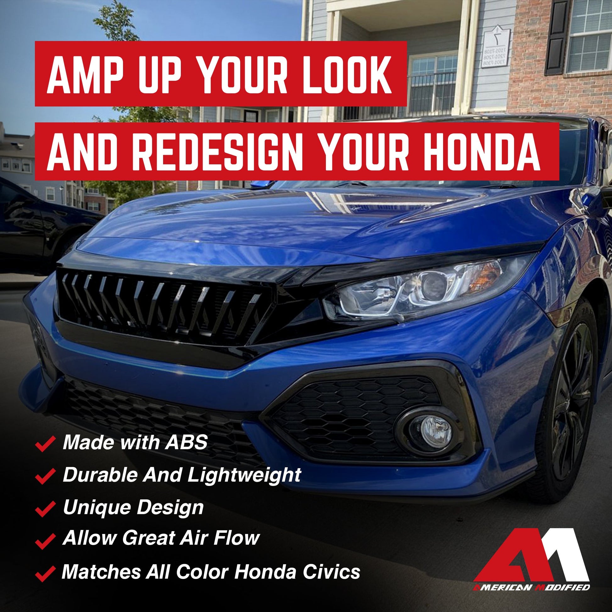 American Modified Front Shark Grille for 2016 to 2021 Honda Civic Models, Black - Find Fresh Goods