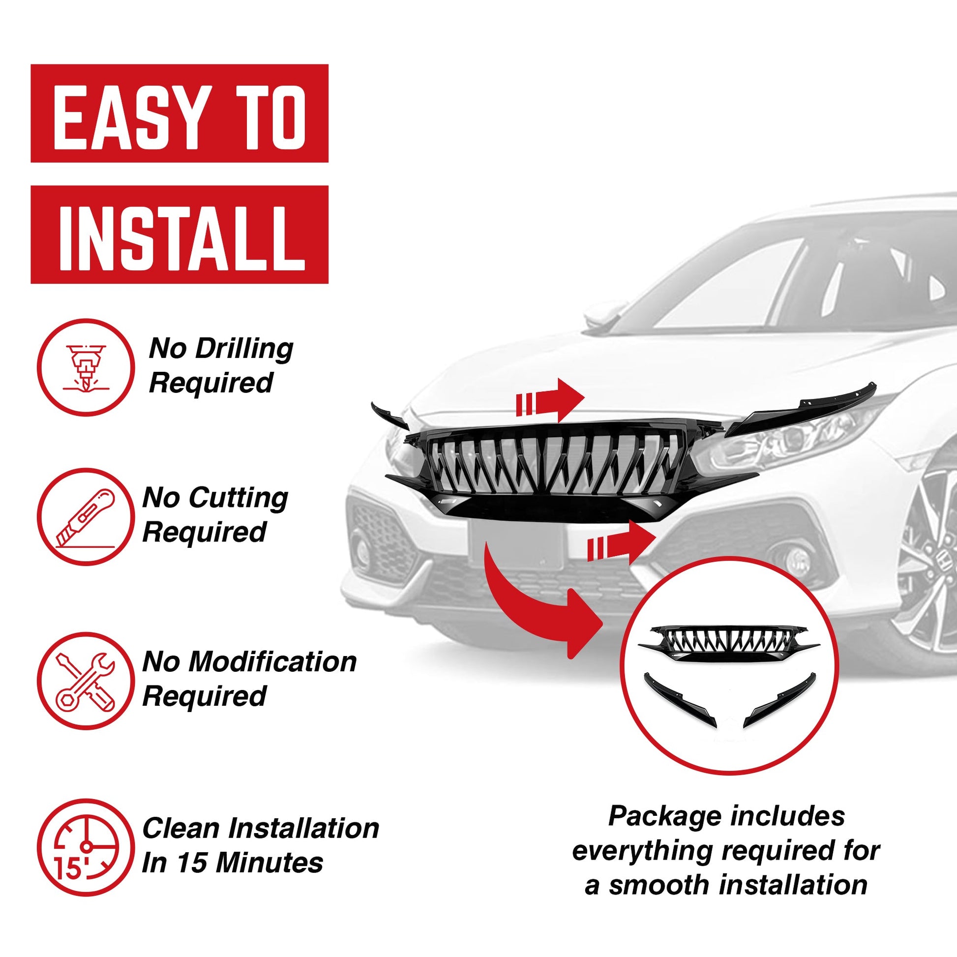 American Modified Front Shark Grille for 2016 to 2021 Honda Civic Models, Black - Find Fresh Goods