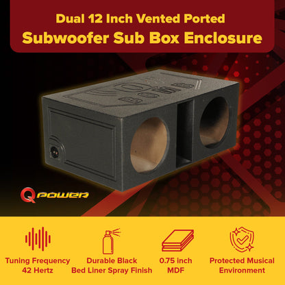 QPower QBOMB12VL Dual 12 Inch Vented Ported Car Subwoofer Sub Box Enclosure - Find Fresh Goods