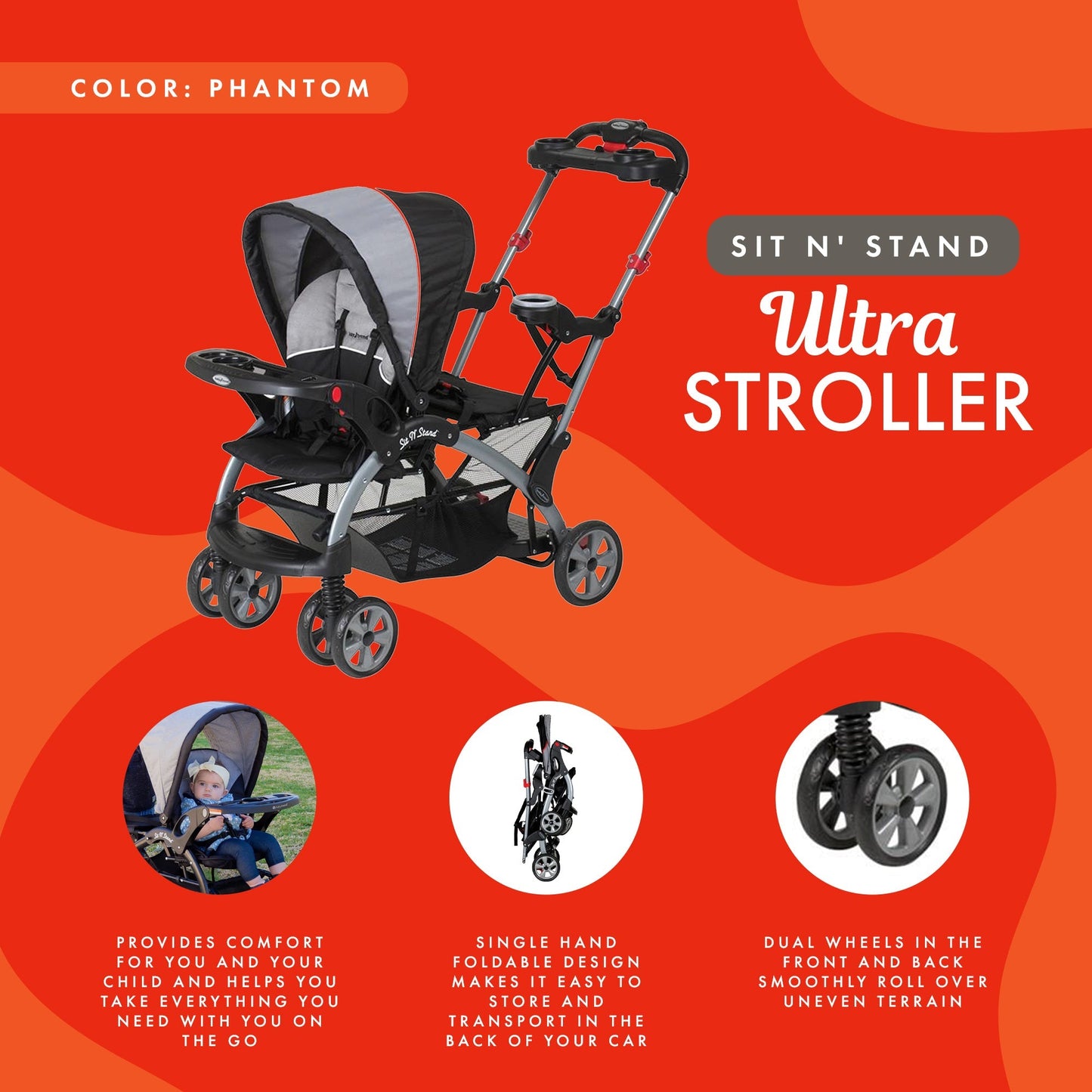 Baby Trend Sit N' Stand Foldable Front and Rear Seat Ultra Stroller, Phantom