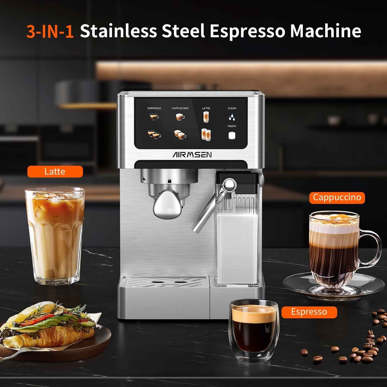 AIRMSEN Espresso Machine with Color Touchscreen, 20 Bar Cappuccino Latte Machines with Automatic Milk Frother, Dual Boiler Stainless Steel Espresso Maker for Home, 1350W