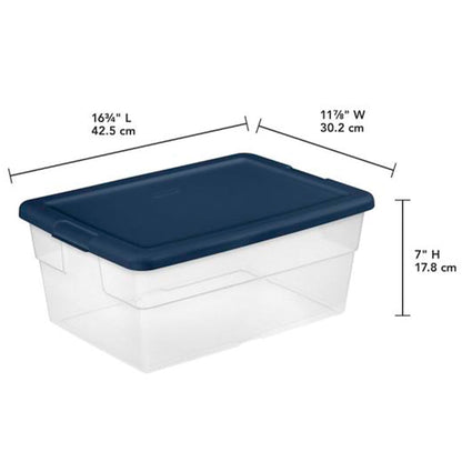 Sterilite Stackable 16 Qt Storage Box Container, Clear, Marine Blue Lid, 2 Pack