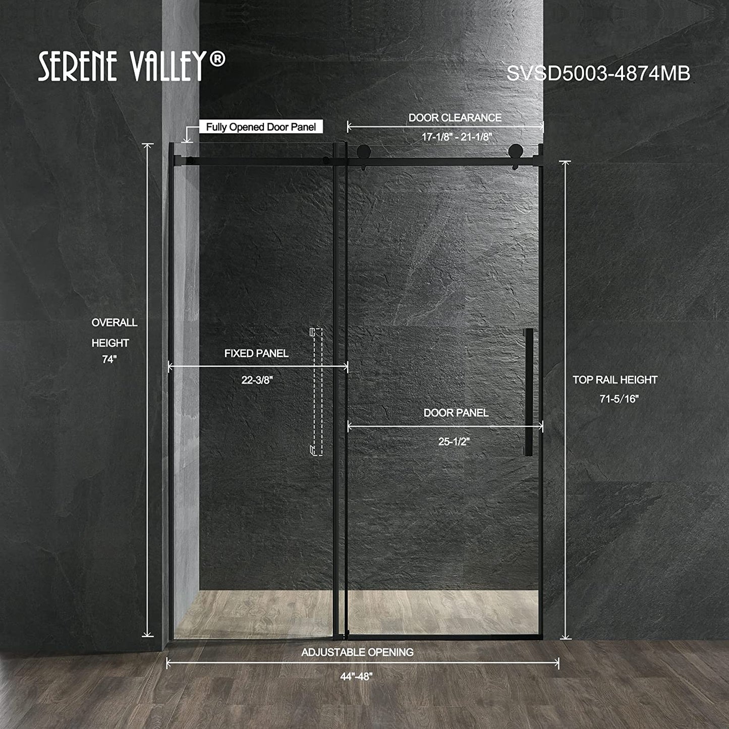 Serene Valley 48 x 74 Inch Square Rail Frameless Sliding Shower Door, Black
