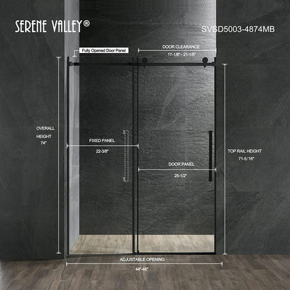Serene Valley 48 x 74 Inch Square Rail Frameless Sliding Shower Door, Black