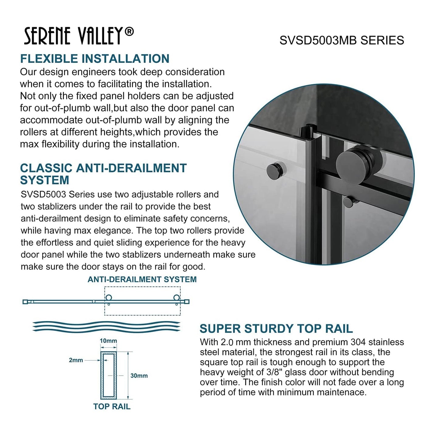 Serene Valley 48 x 74 Inch Square Rail Frameless Sliding Shower Door, Black