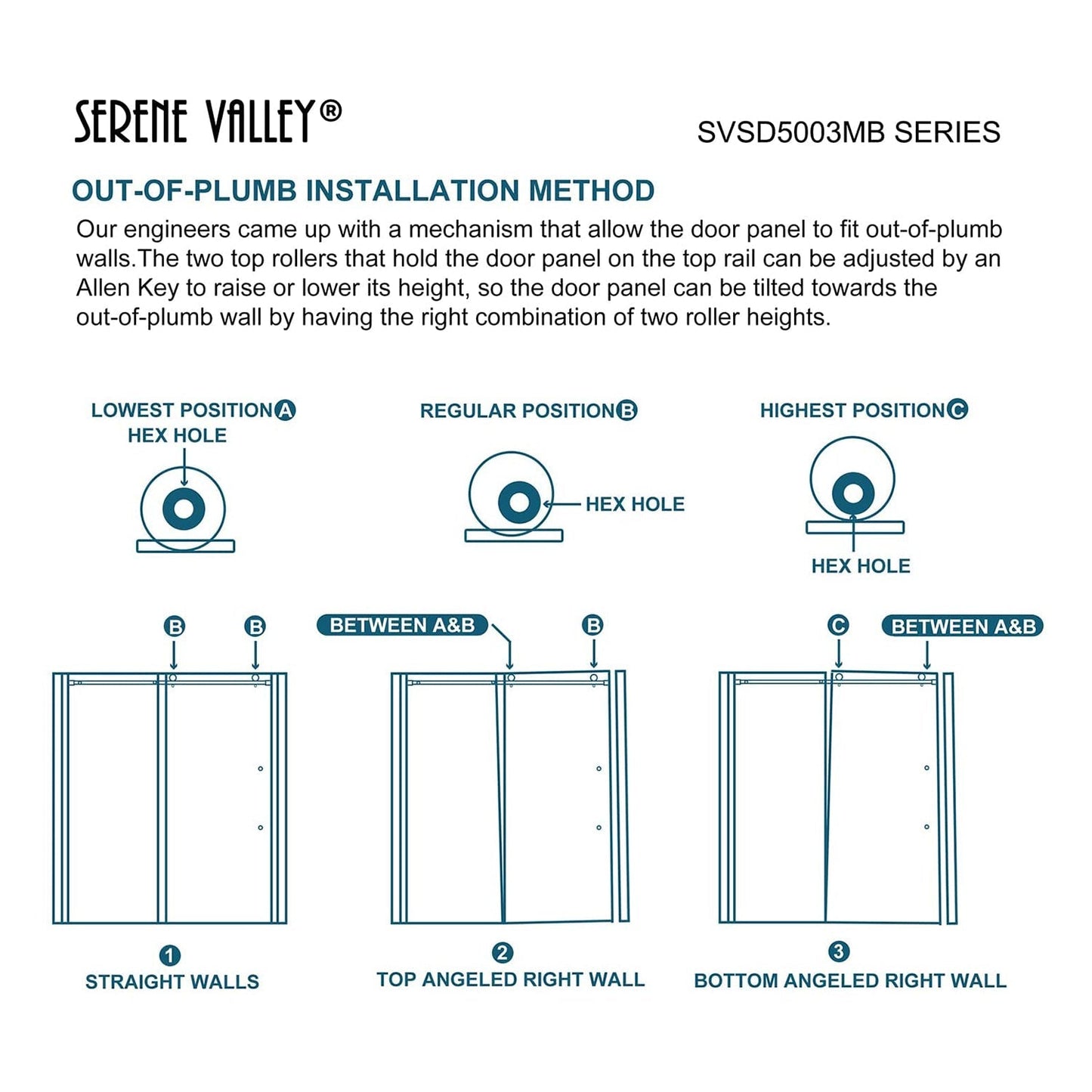 Serene Valley 48 x 74 Inch Square Rail Frameless Sliding Shower Door, Black