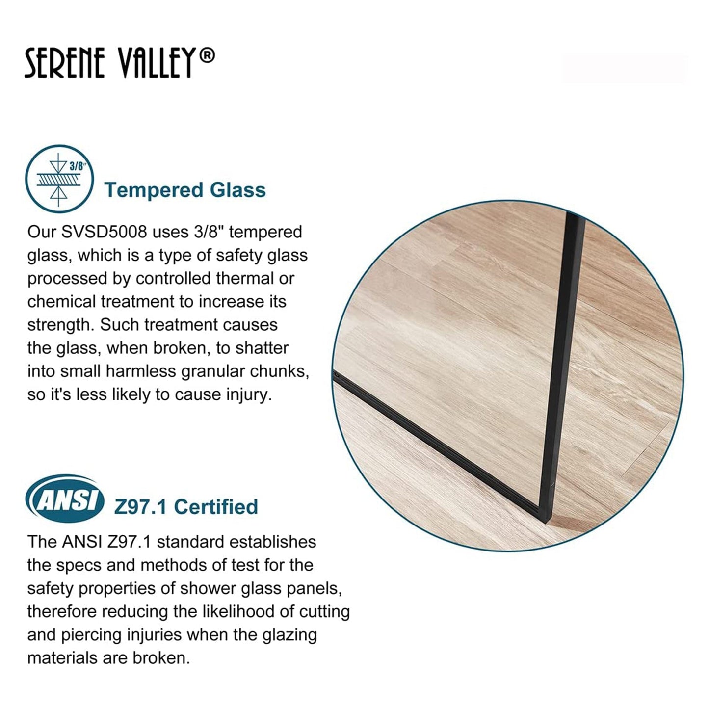 Serene Valley 34 x 72 Inch Tempered Glass Stand Alone Shower Screen, Matte Black