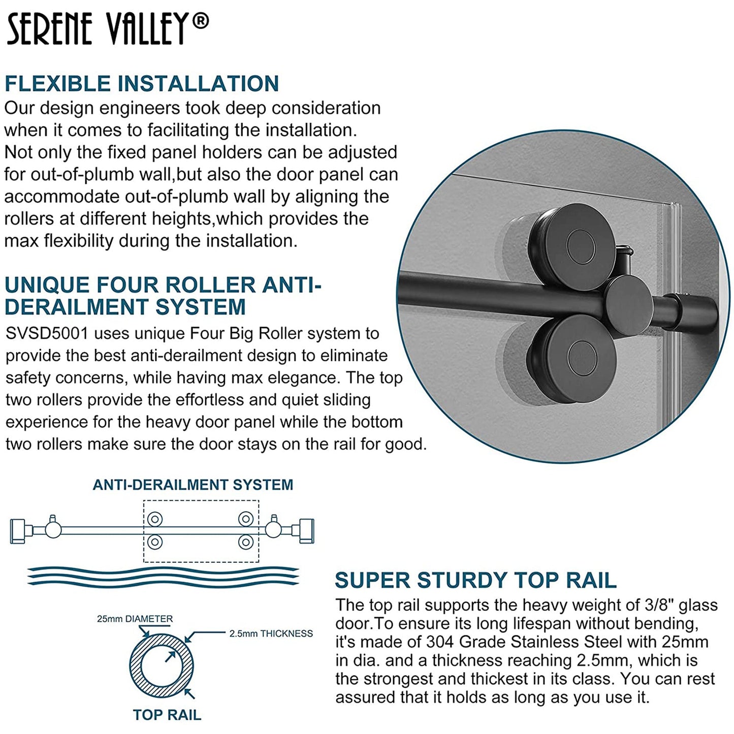 Serene Valley 56 x 74 Inch Big Roller Frameless Sliding Shower Door, Matte Black