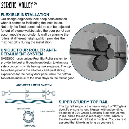 Serene Valley 56 x 74 Inch Big Roller Frameless Sliding Shower Door, Matte Black