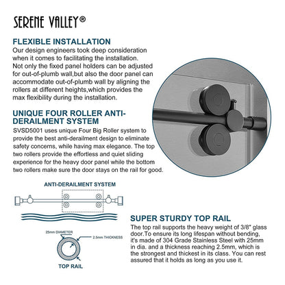 Serene Valley 60 x 74 Inch Big Roller Frameless Sliding Shower Door, Matte Black