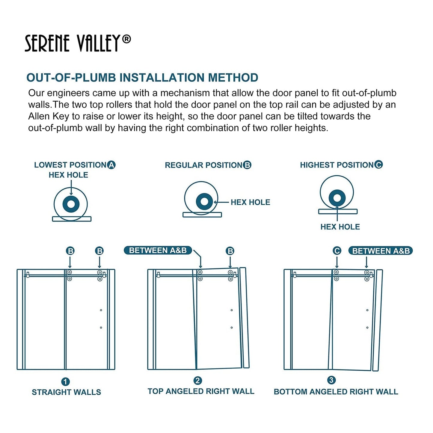 Serene Valley 60 x 74 Inch Big Roller Frameless Sliding Shower Door, Matte Black