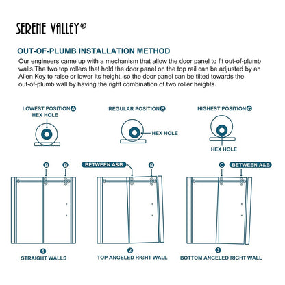 Serene Valley 60 x 74 Inch Big Roller Frameless Sliding Shower Door, Matte Black