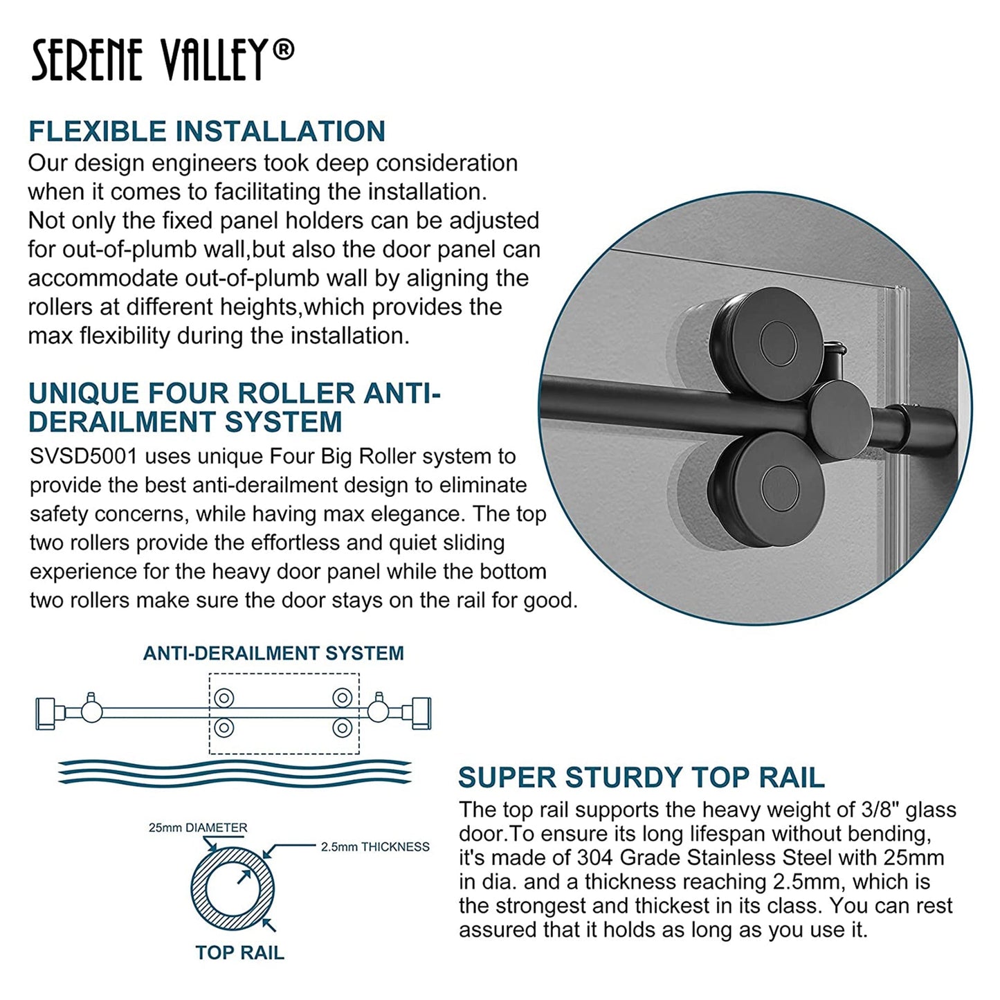 Serene Valley 52 x 74 Inch Big Roller Frameless Sliding Shower Door, Matte Black