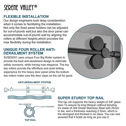 Serene Valley 52 x 74 Inch Big Roller Frameless Sliding Shower Door, Matte Black