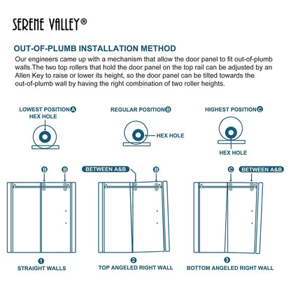 Serene Valley 52 x 74 Inch Big Roller Frameless Sliding Shower Door, Matte Black