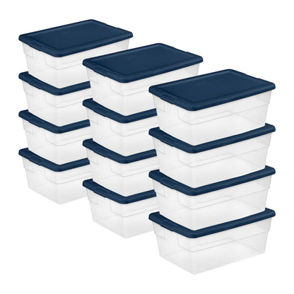 Sterilite Stackable 16 Qt Storage Box Container, Clear with Blue Lid, (24 Pack)