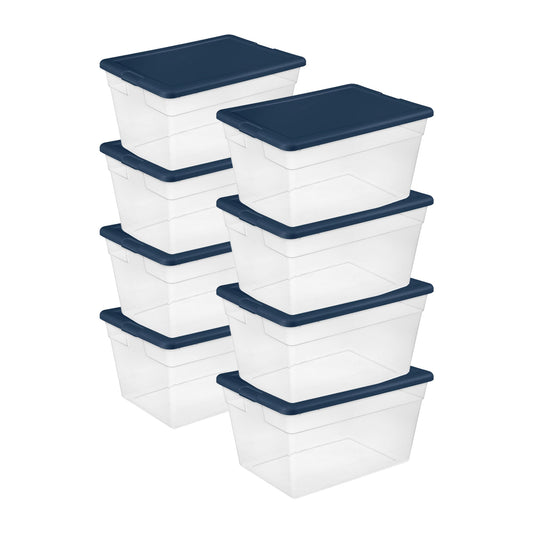 Sterilite Stackable 56 Quart Storage Tote, Clear with Marine Blue Lid, 8 Pack