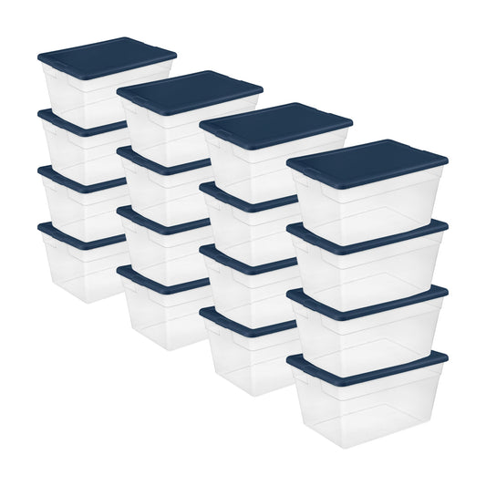 Sterilite Stackable 56 Quart Storage Tote, Clear with Marine Blue Lid (16 Pack)