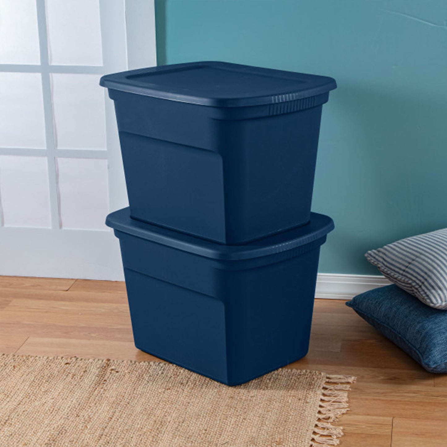 Sterilite Classic Lidded Stackable 18 Gal Storage Tote Container, Blue, 8 Pack