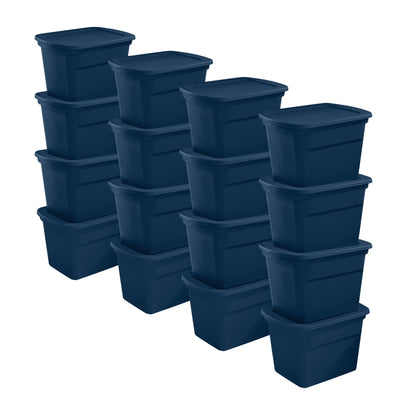 Sterilite Classic Lidded Stackable 18 Gal Storage Tote Container, Blue, 16 Pack