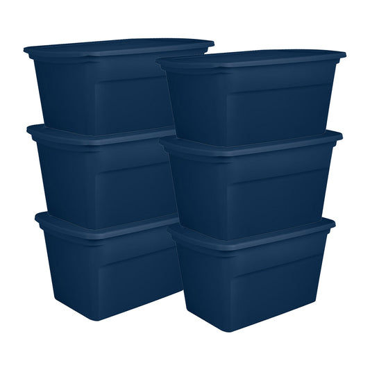 Sterilite Classic Lidded Stackable 30 Gal Storage Tote Container, Blue, 6 Pack