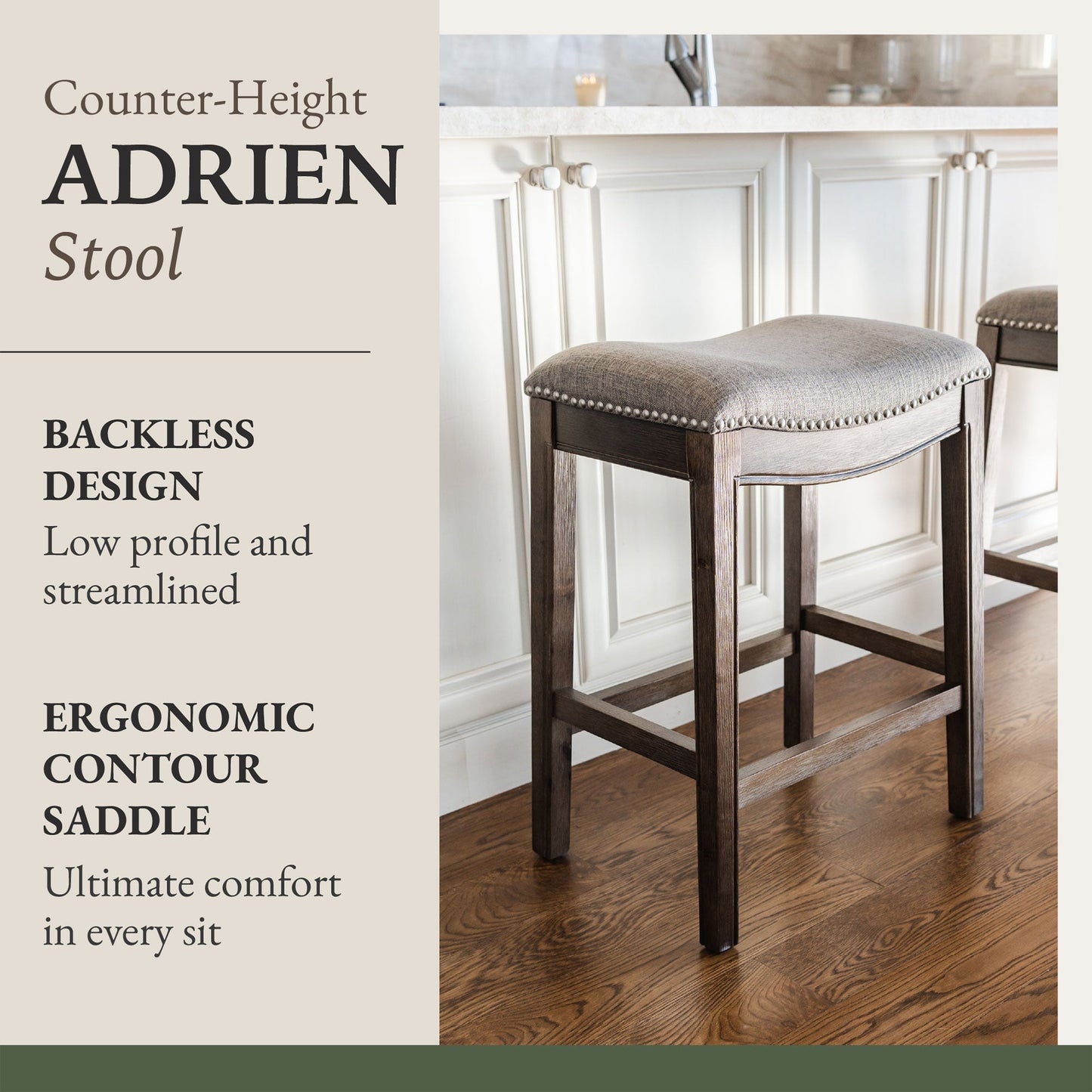 Maven Lane Adrien Backless Saddle Kitchen Counter Stool in Walnut Finish w/ Grey Fabric Upholstery