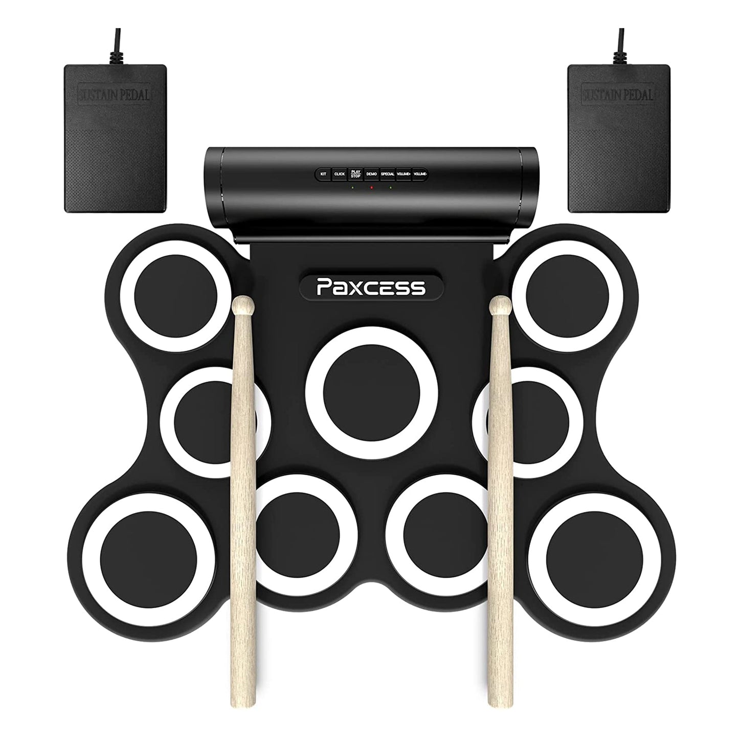 PAXCESS 9 Pad Electronic Drum Set w/ Foot Pedals, Built-In Speaker, and Battery