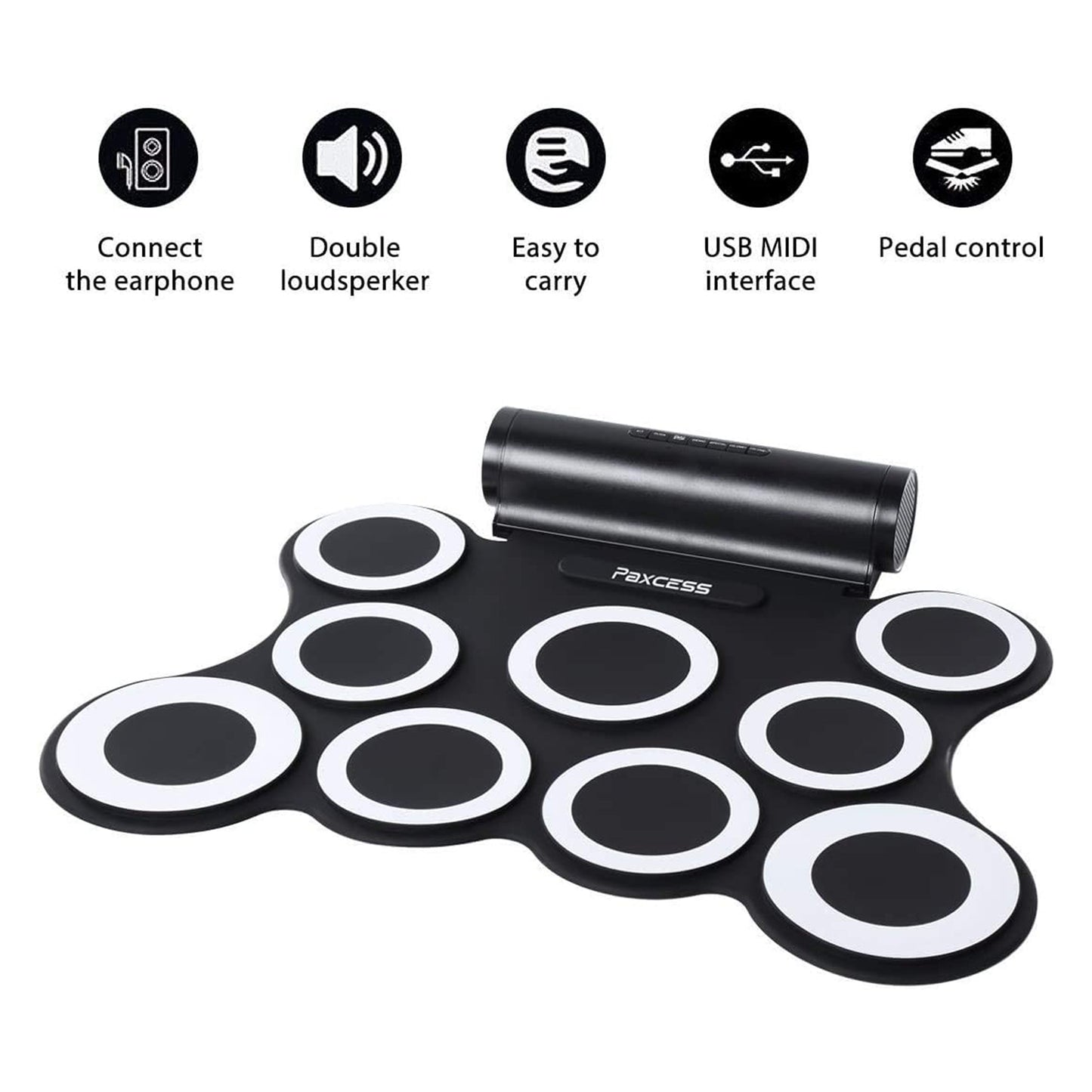 PAXCESS 9 Pad Electronic Drum Set w/ Foot Pedals, Built-In Speaker, and Battery