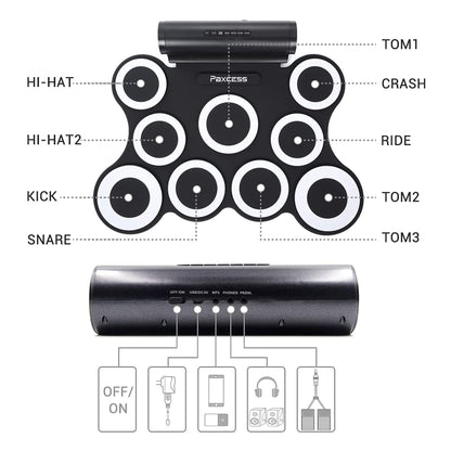 PAXCESS 9 Pad Electronic Drum Set w/ Foot Pedals, Built-In Speaker, and Battery