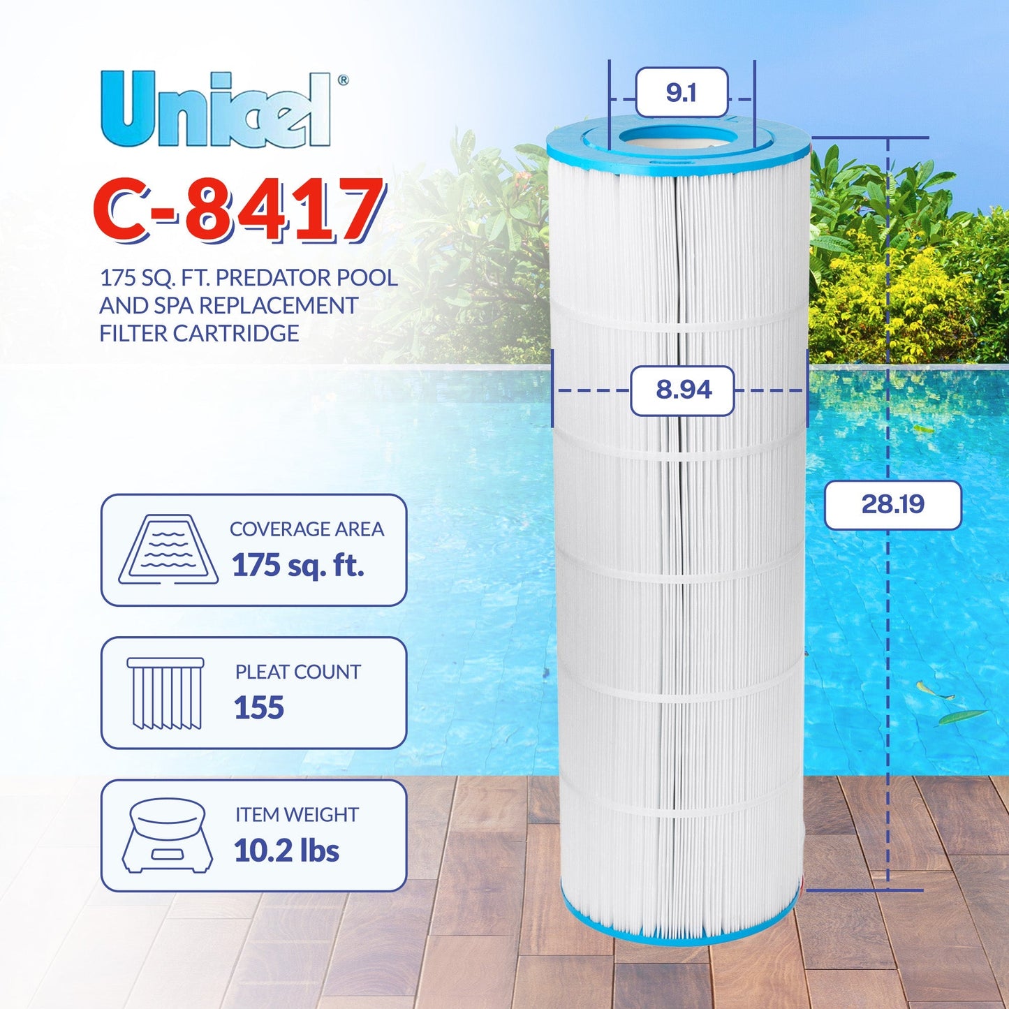 Unicel C-8417 Replacement 175 Sq Ft Swimming Pool Filter Cartridge, 202 Pleats